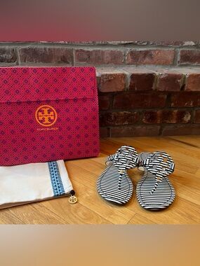 Tory Burch Navy & White Striped Patent Leather Miller Sandals